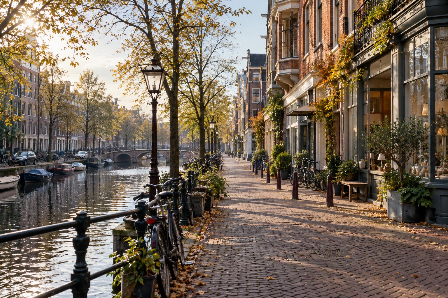 Sfeerbeeld van een Amsterdamse woonstraat met bakstenen huizen, fietsen en een gracht